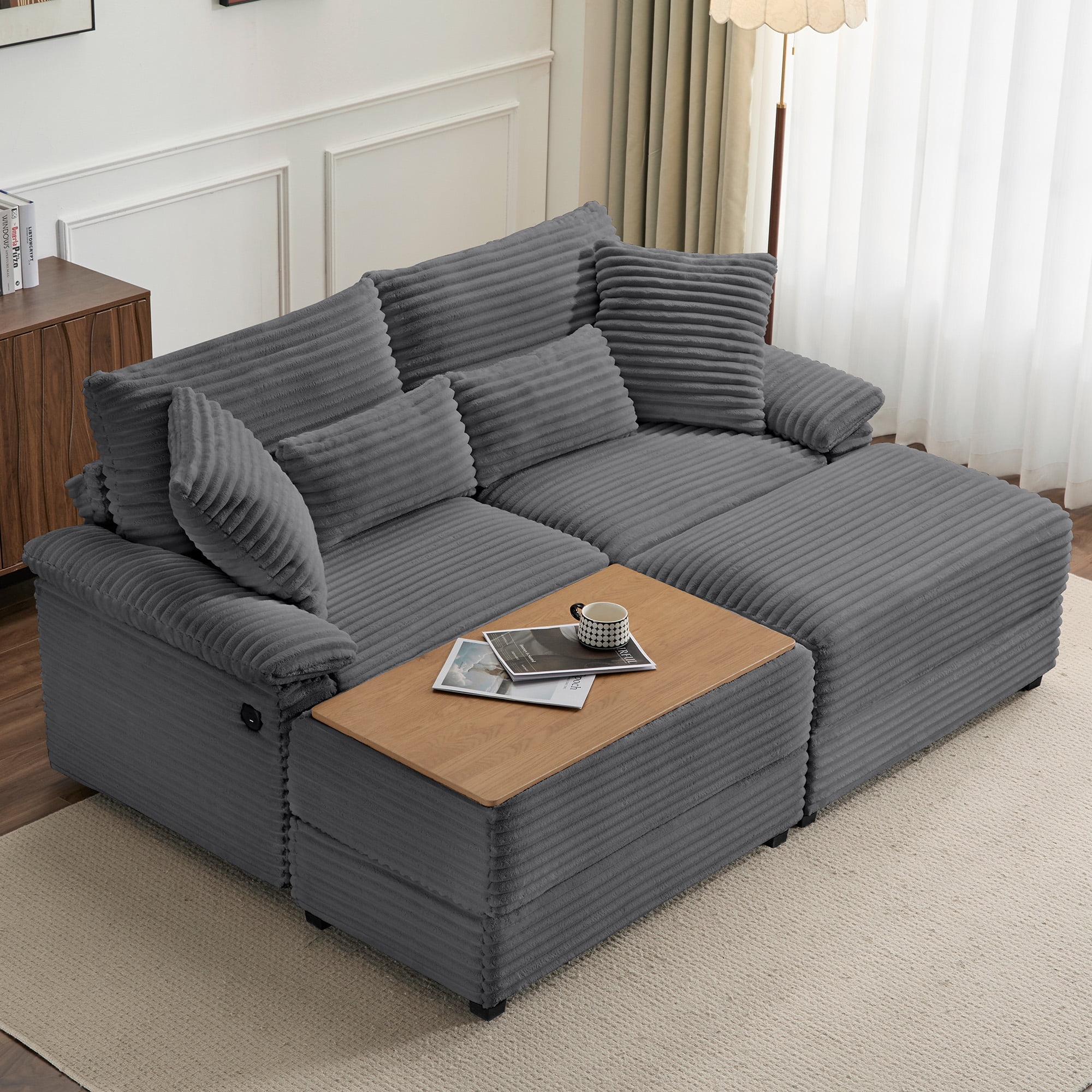 Alvantor 74" Sofa Loveseat with Reversible Ottoman & USB Port Corduroy Chaise Couch for Living Room Drak Gray