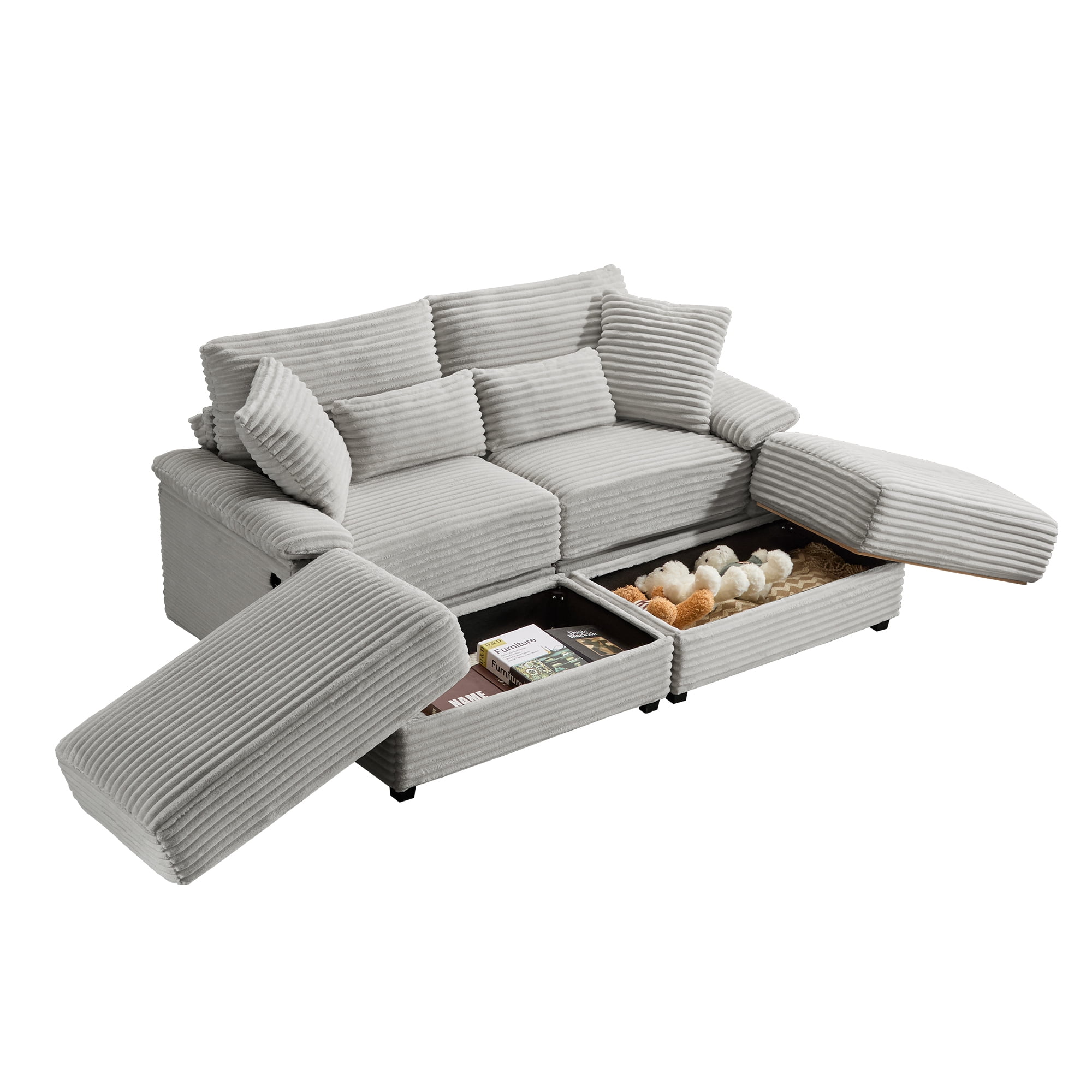 Alvantor 74" Sofa Loveseat with Reversible Ottoman & USB Port Corduroy Chaise Couch for Living Room Gray