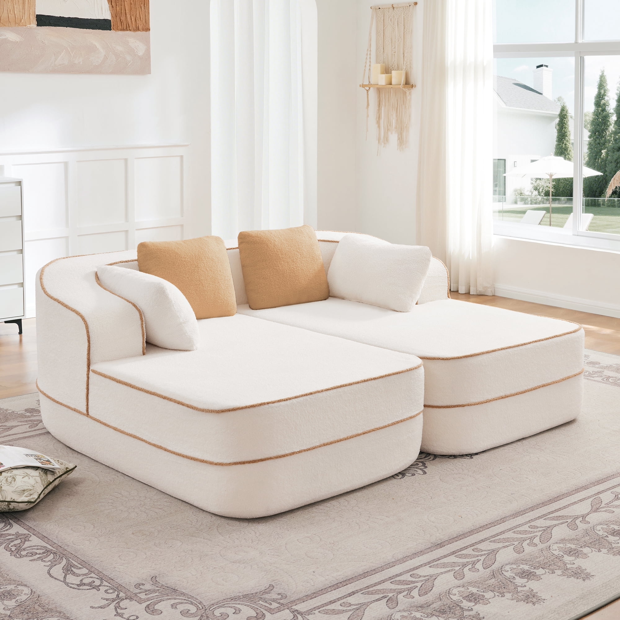 Alvantor 77"Cloud Sectional Couch with Chaise, L-Shape Teddy Fabric Boneless Sofa with Deep Seat, Modern 2-Seat Upholstered Sofa for Living Room, White