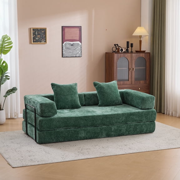 Alvantor 77" Convertible Sofa Bed, Compression Couch with 2 Pillow and Back Support Armrest for Living Room, Dark Green