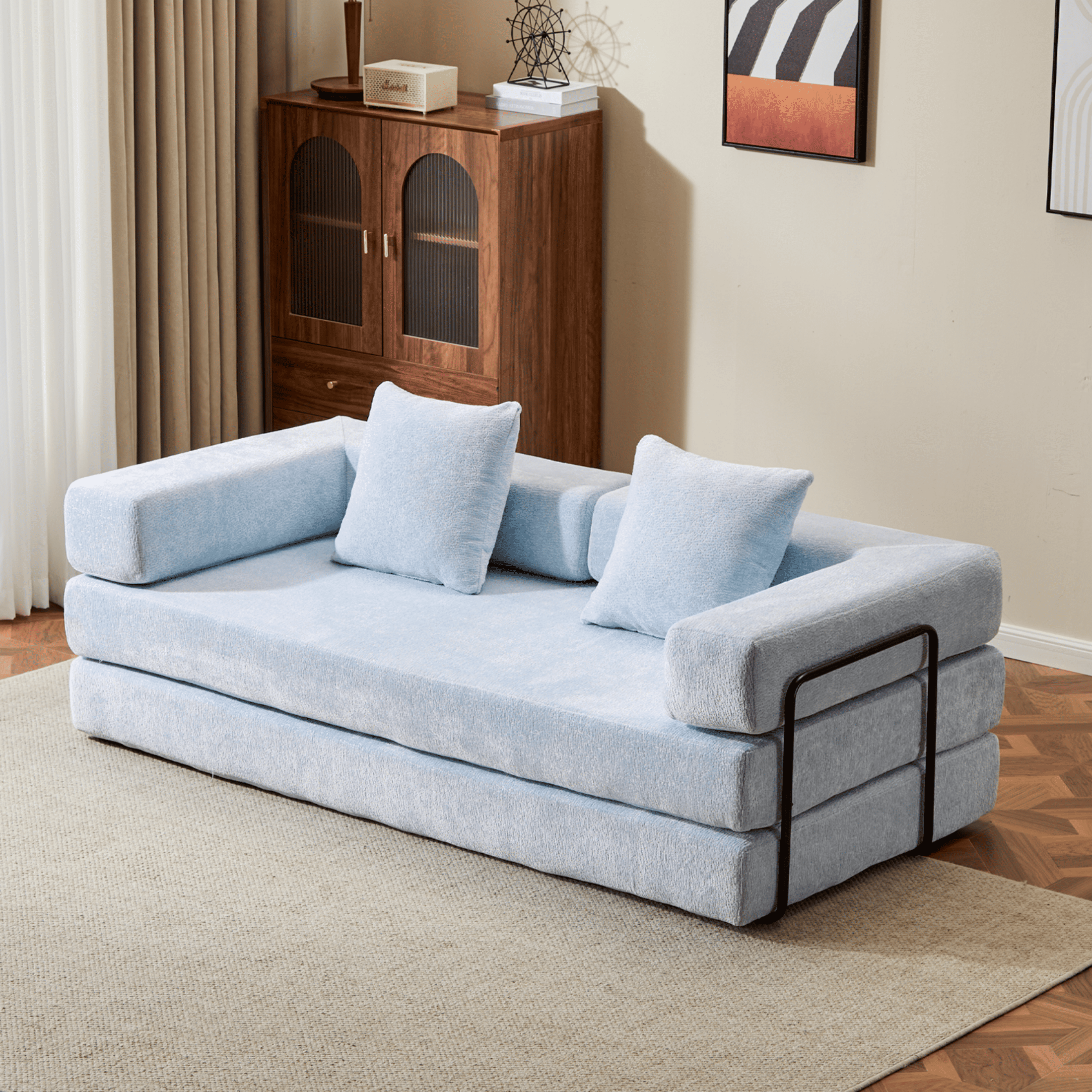 Alvantor 77" Convertible Sofa Bed, Compression Couch with 2 Pillow and Back Support Armrest for Living Room, Light Blue