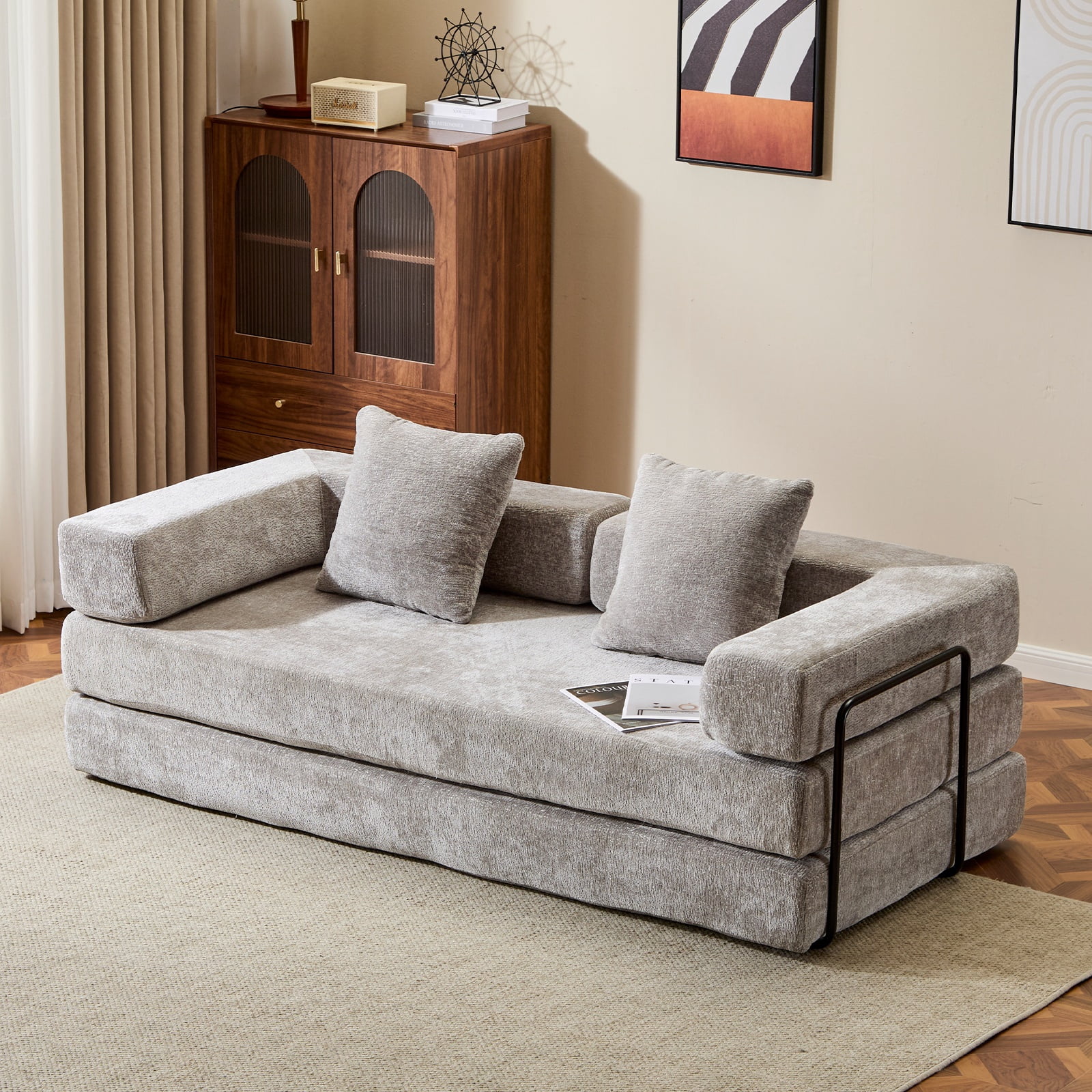 Alvantor 77" Convertible Sofa Bed, Compression Couch with 2 Pillow and Back Support Armrest for Living Room, Light Gray