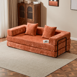 Alvantor 77" Convertible Sofa Bed, Compression Couch with 2 Pillow and Back Support Armrest for Living Room, Orange