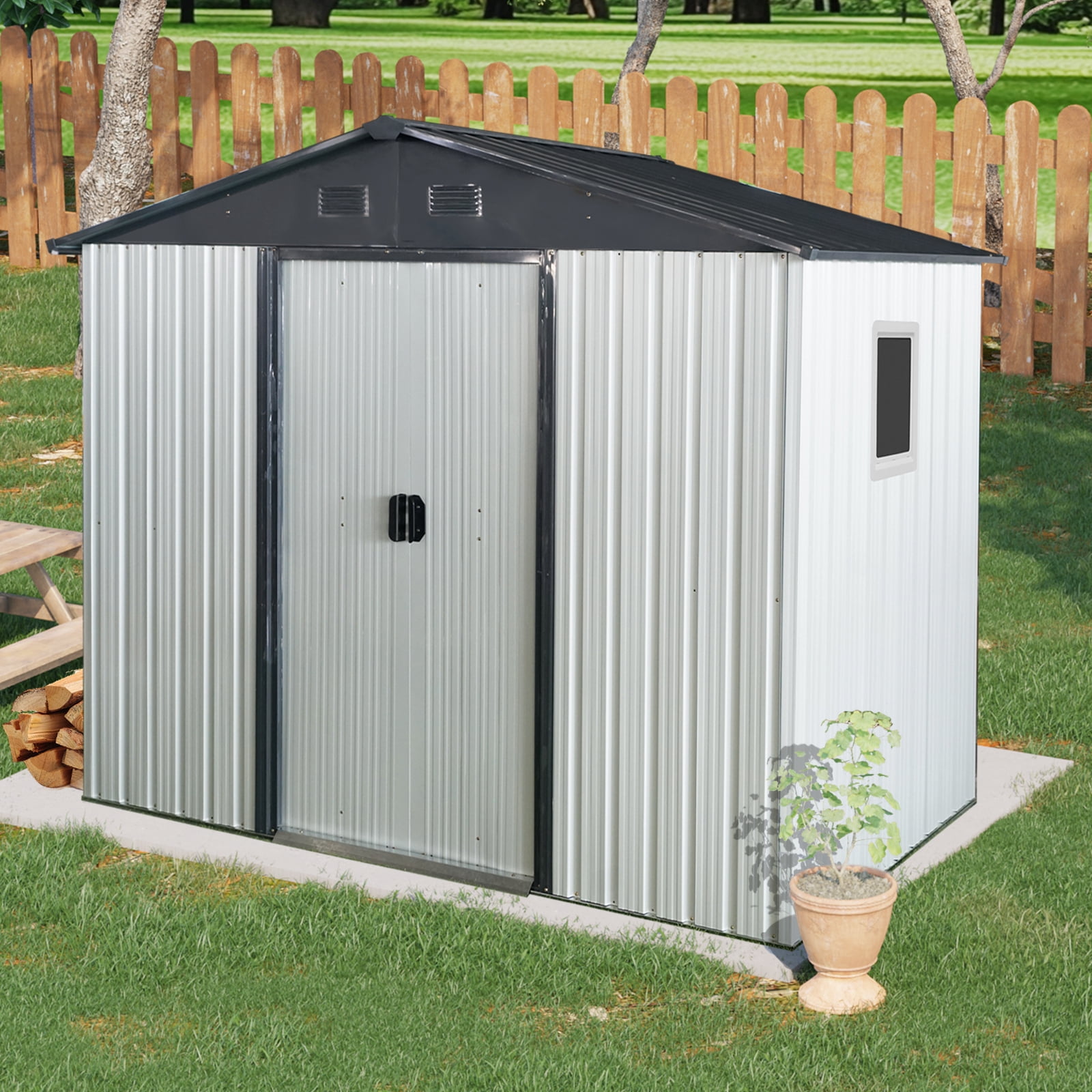 Alvantor 8 x 4 FT Outdoor Storage Shed Metal Garden Shed with Sliding Door and Window for Backyard, Garden, Coffee