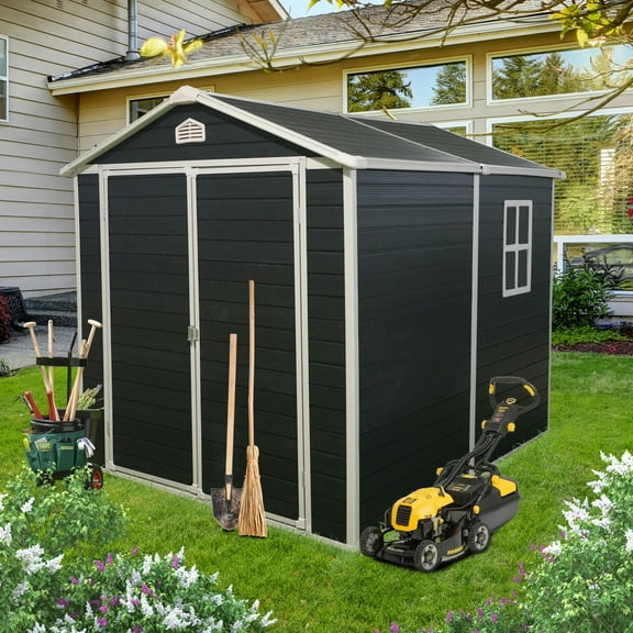 Alvantor 8 x 6 Ft Resin Storage Shed with Floor Plastic Garden Shed with Window and Lockable Door for Backyard, Garden, Patio Black