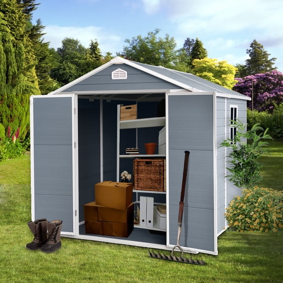 Alvantor 8 x 6 Ft Resin Storage Shed with Floor Plastic Garden Shed with Window and Lockable Door for Backyard, Garden, Patio Grey