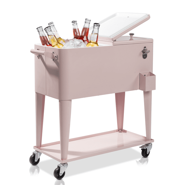 Alvantor 80 QT Patio Rolling Cooler Cart with Shelf, Bottle Opener and Lockable Wheels, Pink
