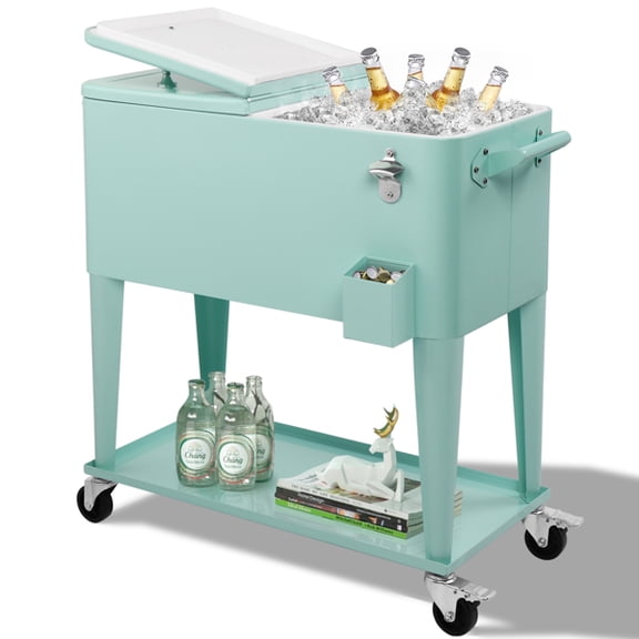 Alvantor 80 QT Rolling Cooler Cart Patio Ice Chest with Shelf,Bottle Opener and & Cap Collector for 48 Hour Cold Drinks