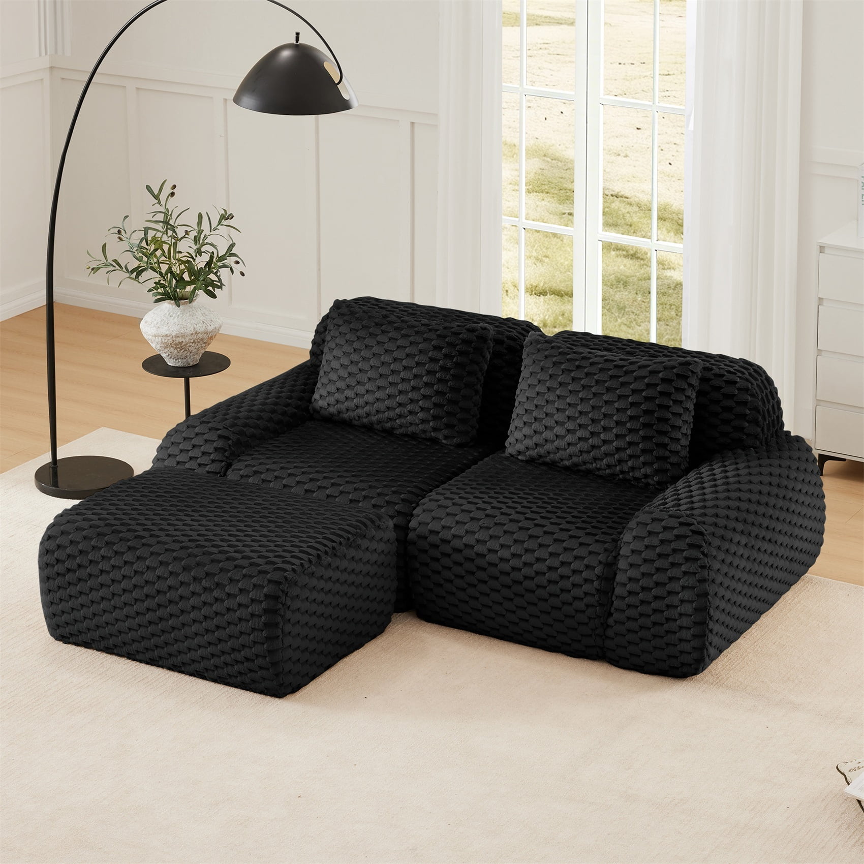 Alvantor 82" Cloud Modular Sectional Sofa Loveseat with Movable Ottoman, Deep Seat Flannelette Boneless Couch for Living Room Bedroom Black
