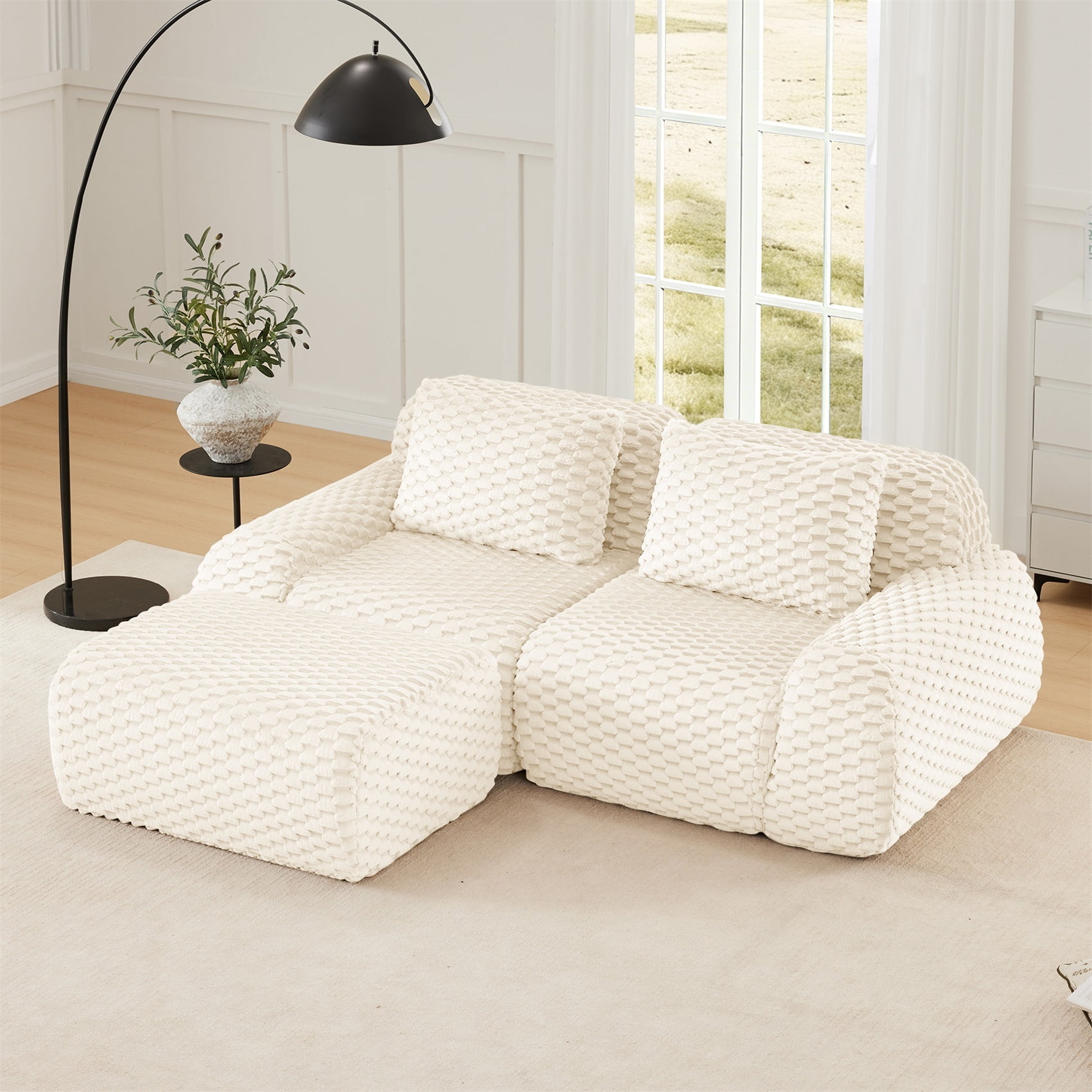 Alvantor 82" Cloud Modular Sectional Sofa Loveseat with Movable Ottoman, Deep Seat Flannelette Boneless Couch for Living Room Bedroom Cream