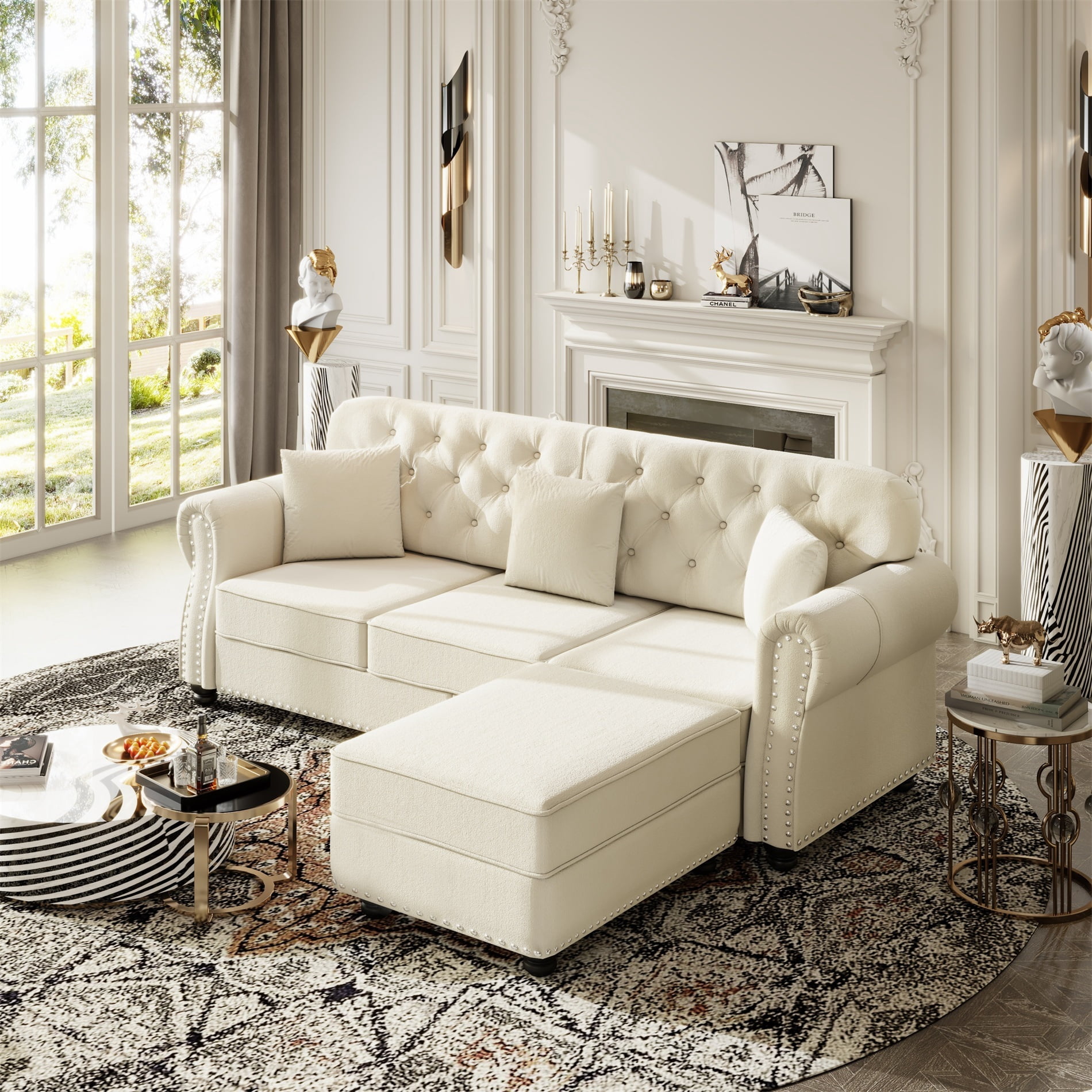 Alvantor 83" Cloud sofa with Ottman, Upholstered Velvet Couch with Nailhead Trim and Rolled Armrests, Mid-Century Modern Sofa for Living Room Beige