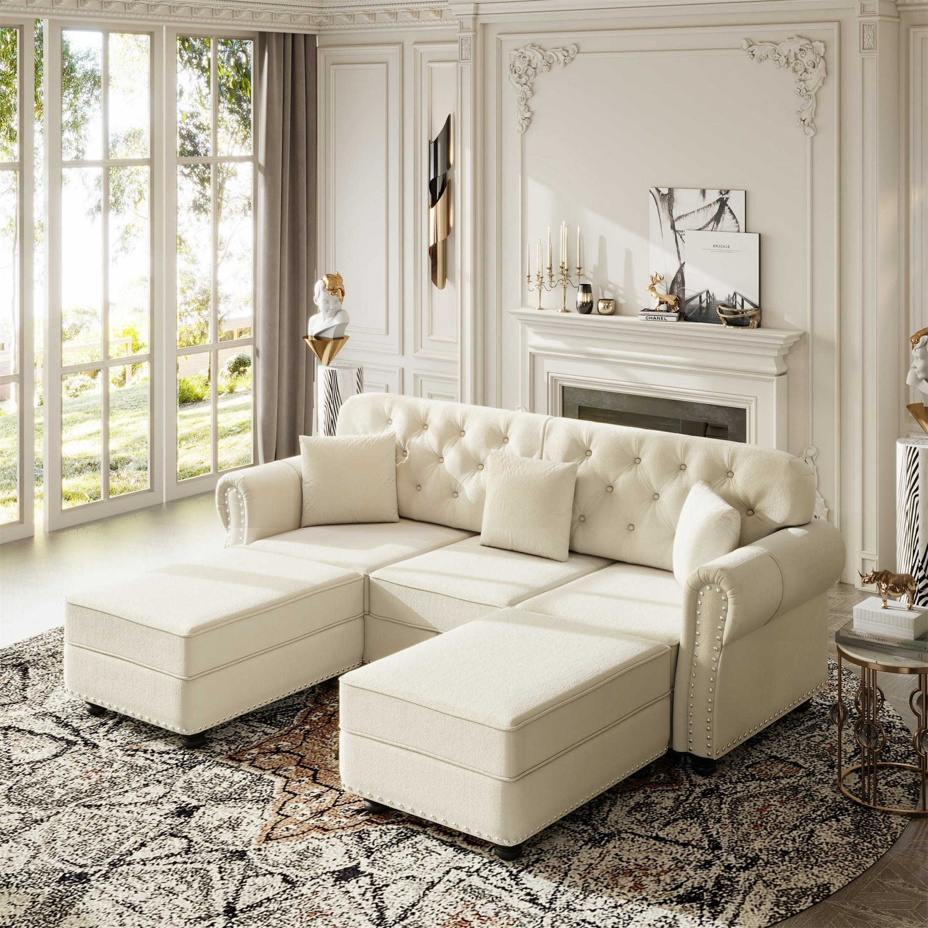 Alvantor 83" Cloud sofa with Ottman, Upholstered Velvet Couch with Nailhead Trim and Rolled Armrests, Mid-Century Modern Sofa for Living Room Beige