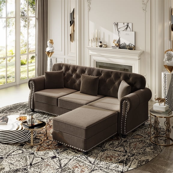 Alvantor 83" Cloud sofa with Ottman, Upholstered Velvet Couch with Nailhead Trim and Rolled Armrests, Mid-Century Modern Sofa for Living Room Brown