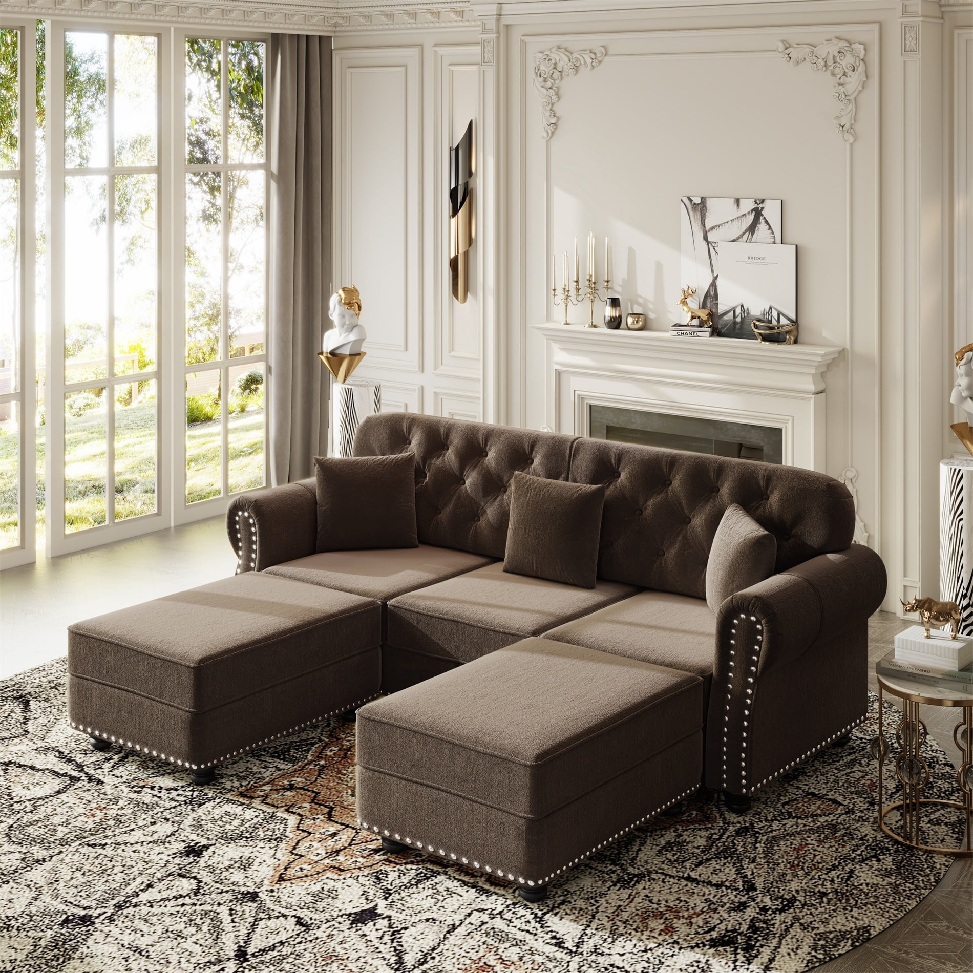 Alvantor 83" Cloud sofa with Ottman, Upholstered Velvet Couch with Nailhead Trim and Rolled Armrests, Mid-Century Modern Sofa for Living Room Brown