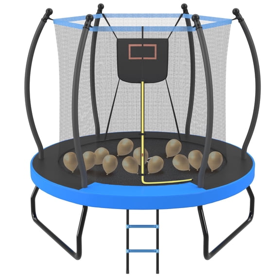 Alvantor 8ft Trampoline with Basketball Hoop, Round Trampolines for Kids with Enclosure net & Balloon Blue