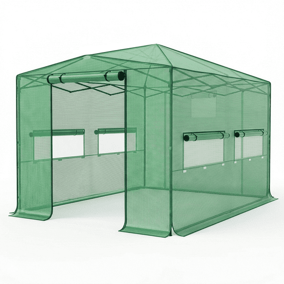 Alvantor 8x12 ft Foldable Greenhouse Shed with PE Mesh Cover, Indoor Outdoor Garden Plant Tent, Spray Iron Pipe Frame, Green