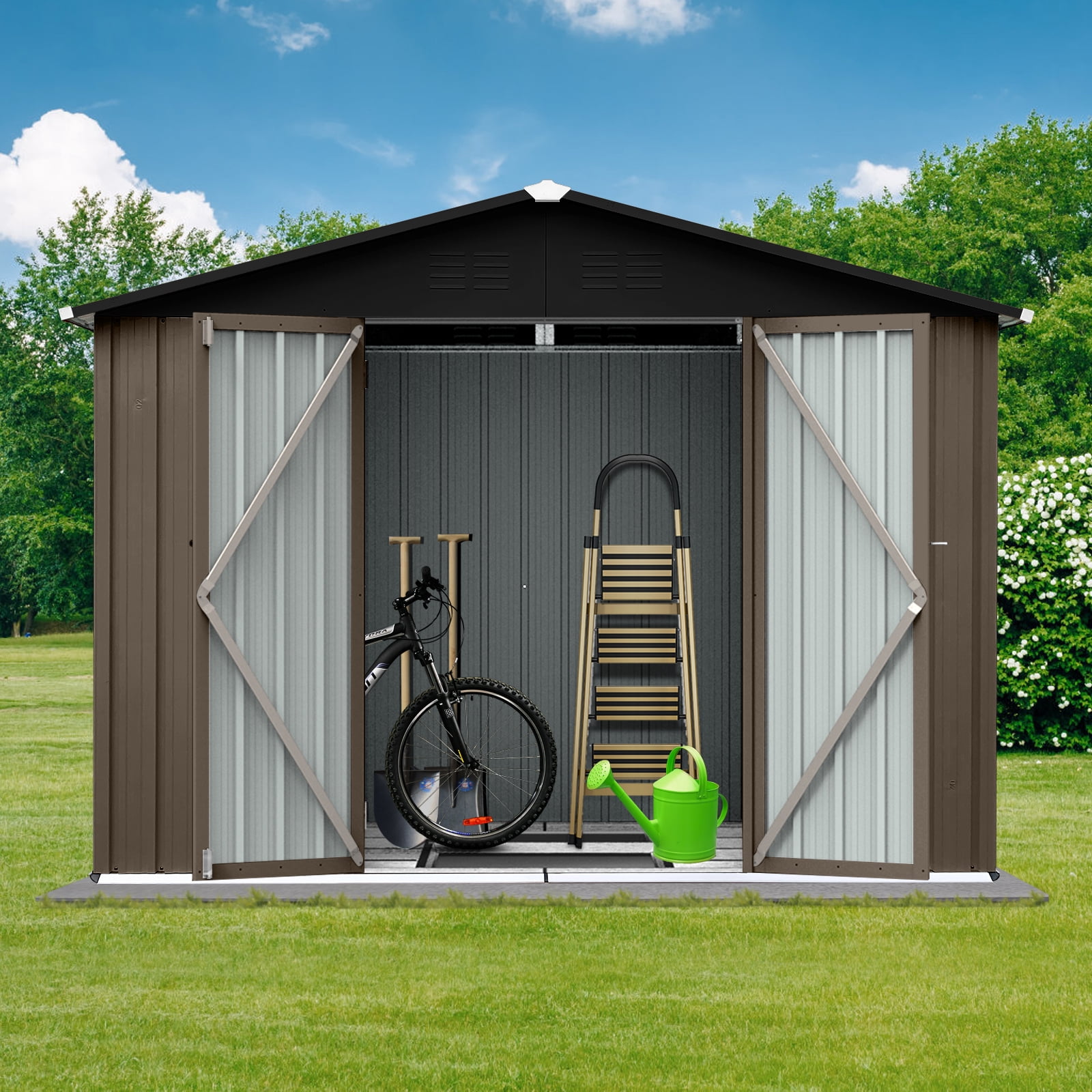 Alvantor Outdoor Storage Shed Metal Garden Shed with Apex Roof & Hinged Door,Brown + Black,8x6 FT