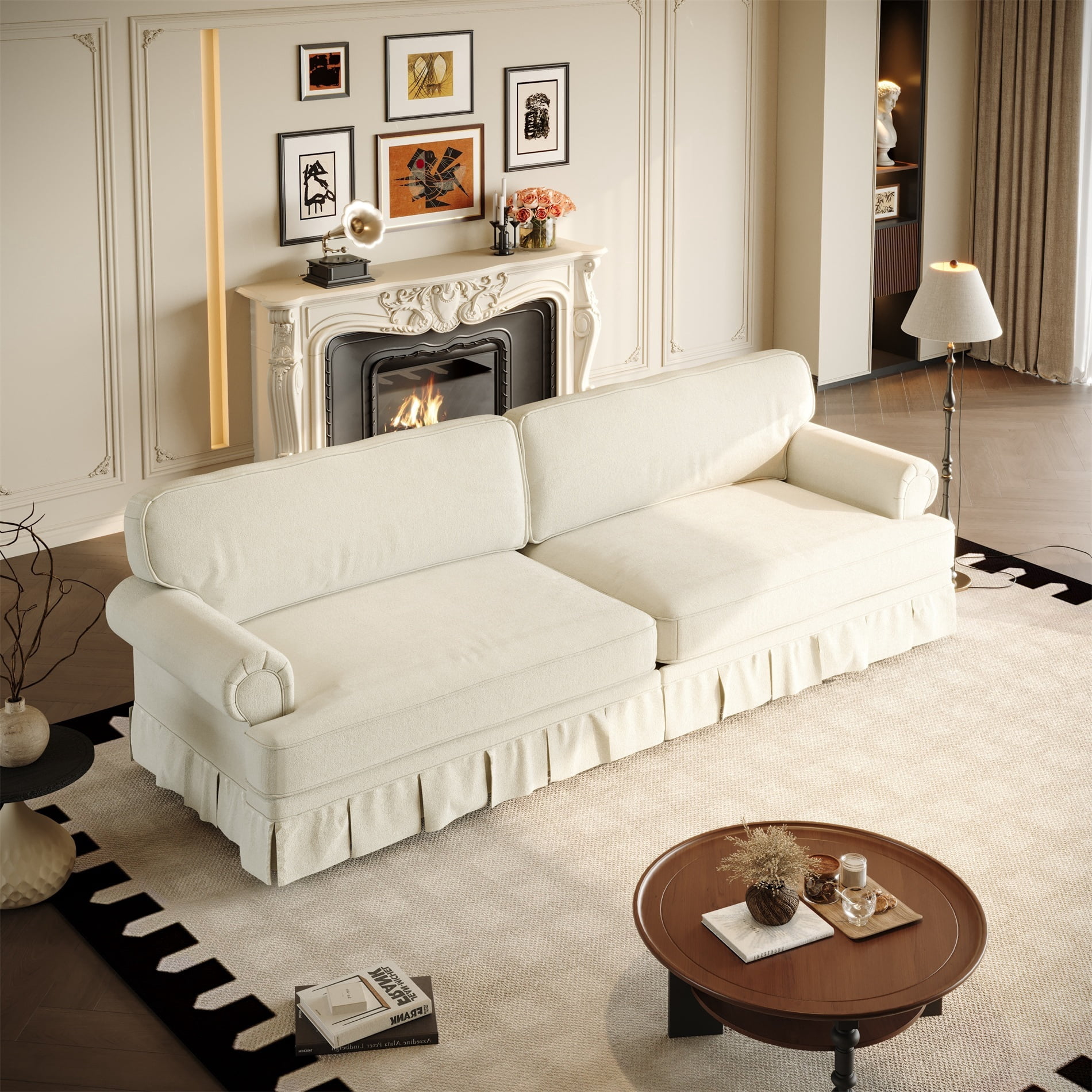 Alvantor 94" 4-Seater Cloud Sofa Couch Upholstered Chenille Couch with Rolled Arms & Pleated Skirt, Mid-Century Modern Sofa for Living Room Beige