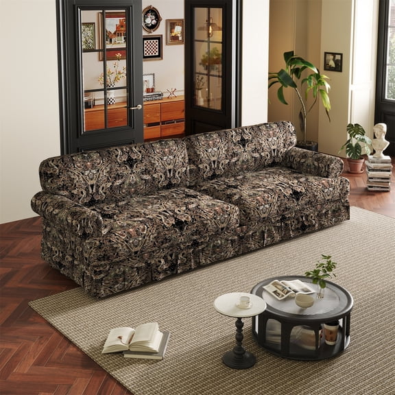 Alvantor 94" 4-Seater Cloud Sofa Couch Upholstered Chenille Couch with Rolled Arms & Pleated Skirt, Mid-Century Modern Sofa for Living Room Black