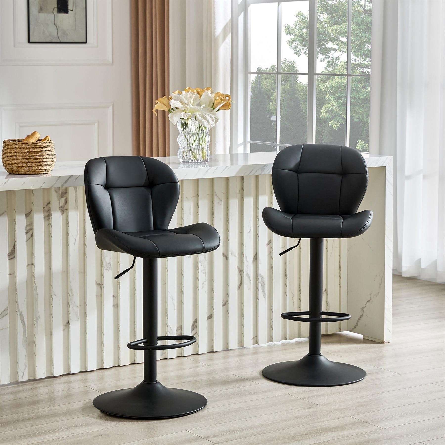 Alvantor Adjustable Bar Stools Set of 2 Modern Leather Swivel Bar Stools Counter Height Bar Chairs for Kitchen Island Black