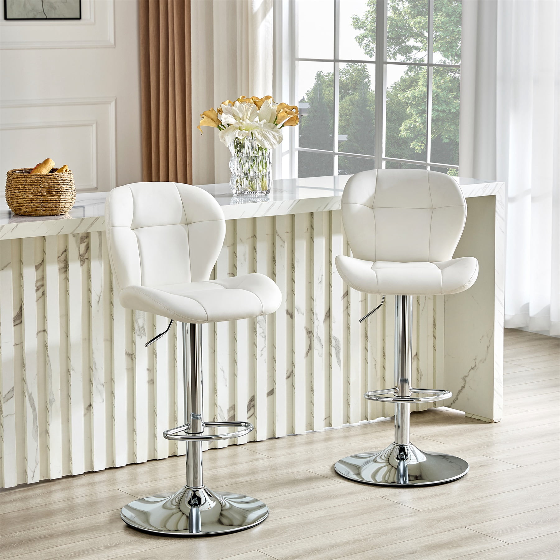 Alvantor Adjustable Bar Stools Set of 2 Modern Leather Swivel Bar Stools Counter Height Bar Chairs for Kitchen Island White
