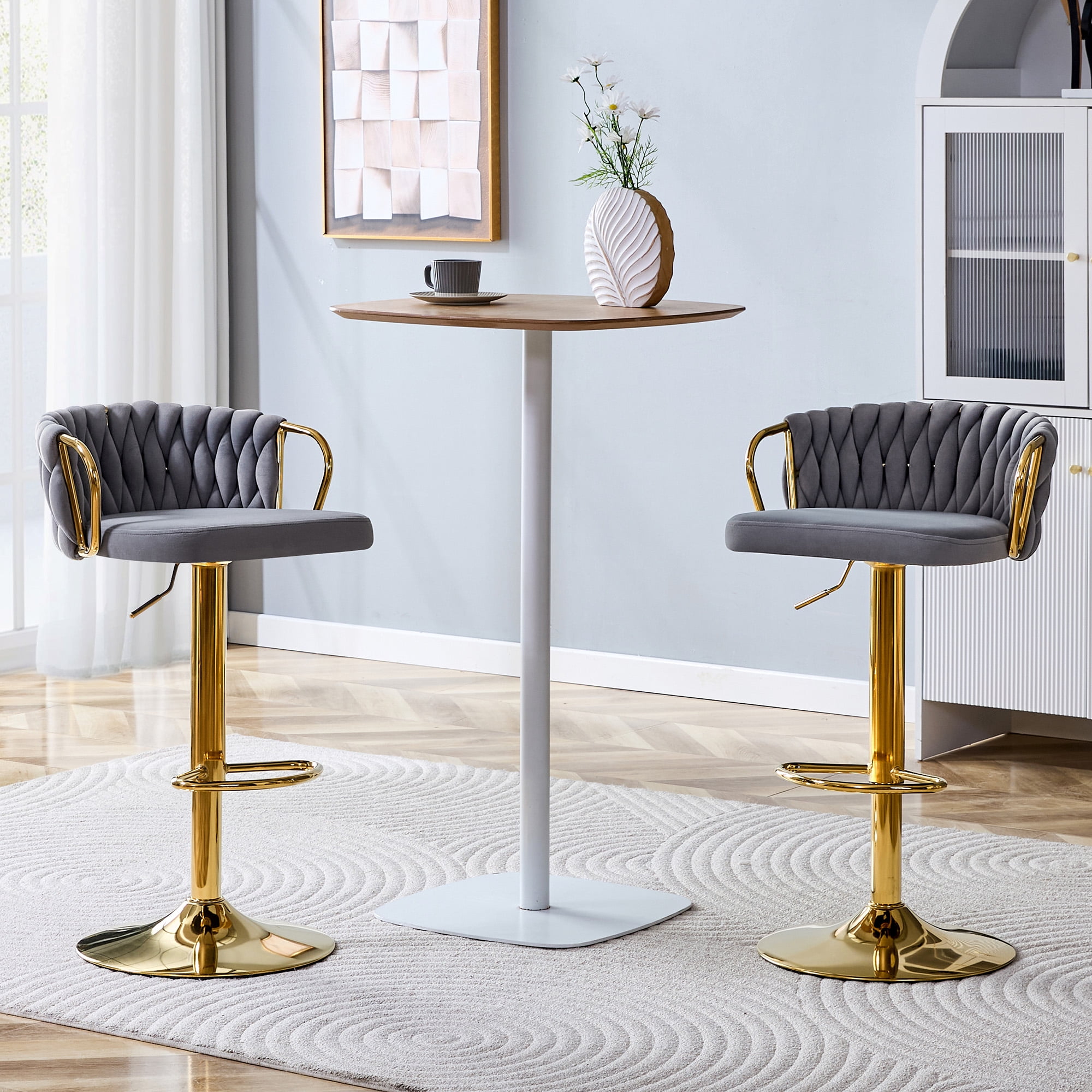Alvantor Adjustable Bar Stools Set of 2 Modern Velvet Braided Swivel Bar Stools Counter Height Bar Chairs for Kitchen Island Gray