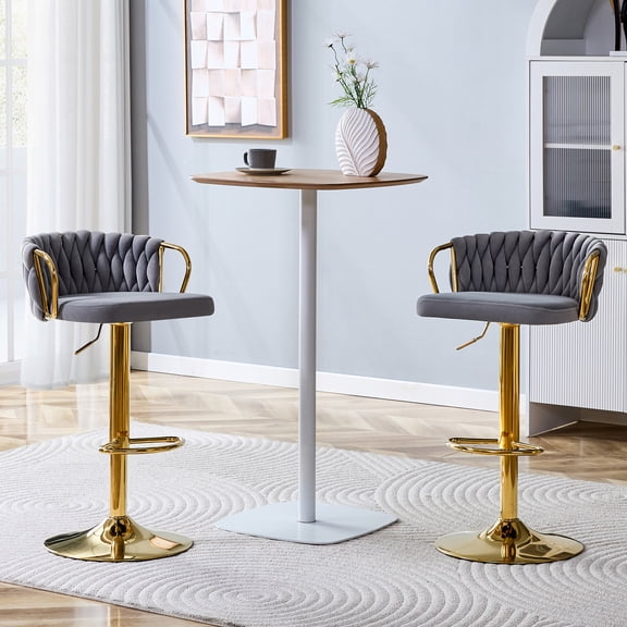 Alvantor Adjustable Bar Stools Set of 2 Modern Velvet Braided Swivel Bar Stools Counter Height Bar Chairs for Kitchen Island Gray
