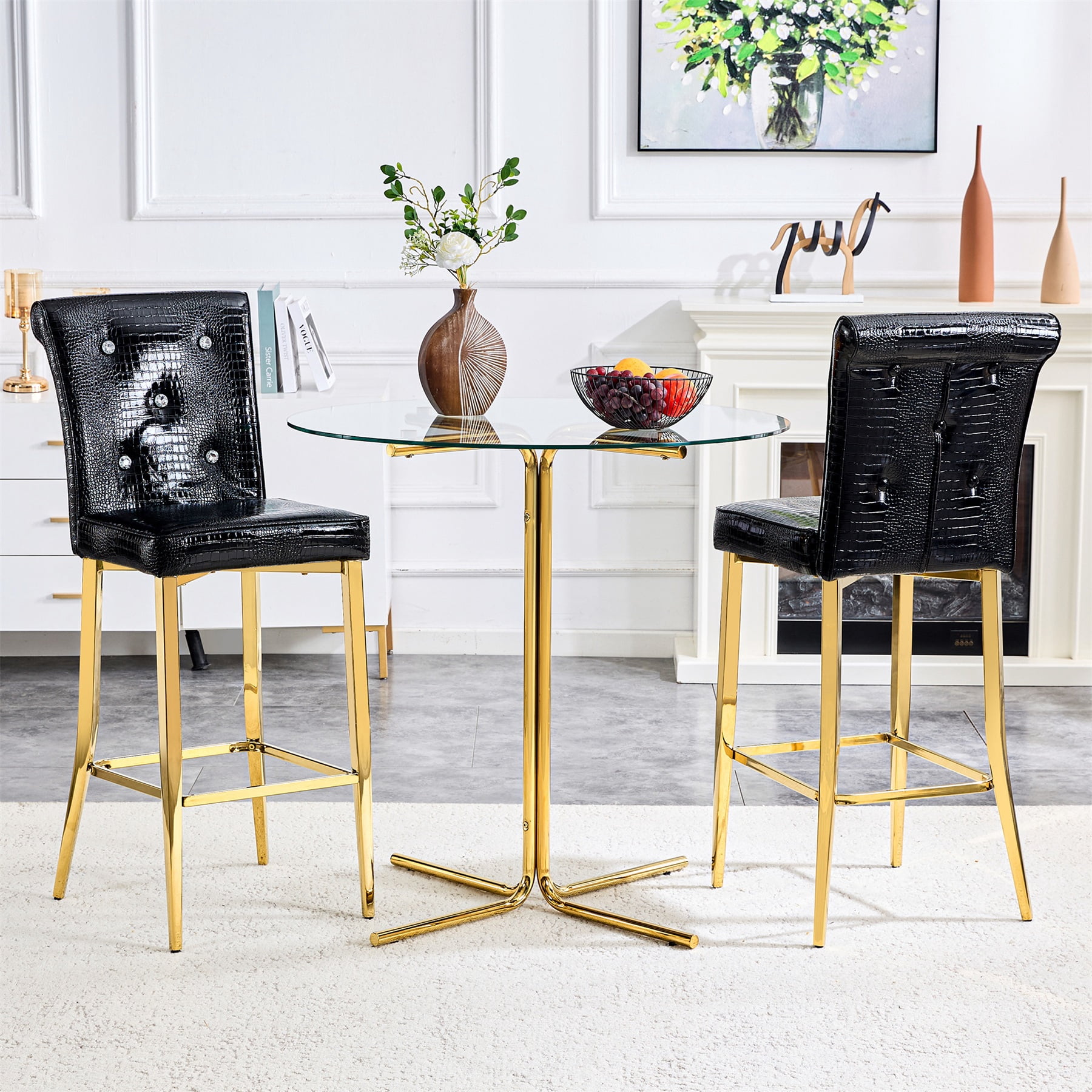 Alvantor Bar Stools Set of 2 Vintage Leather Bar Stools with Crystal Clasp Counter Stool Chairs for Kitchen Island Black