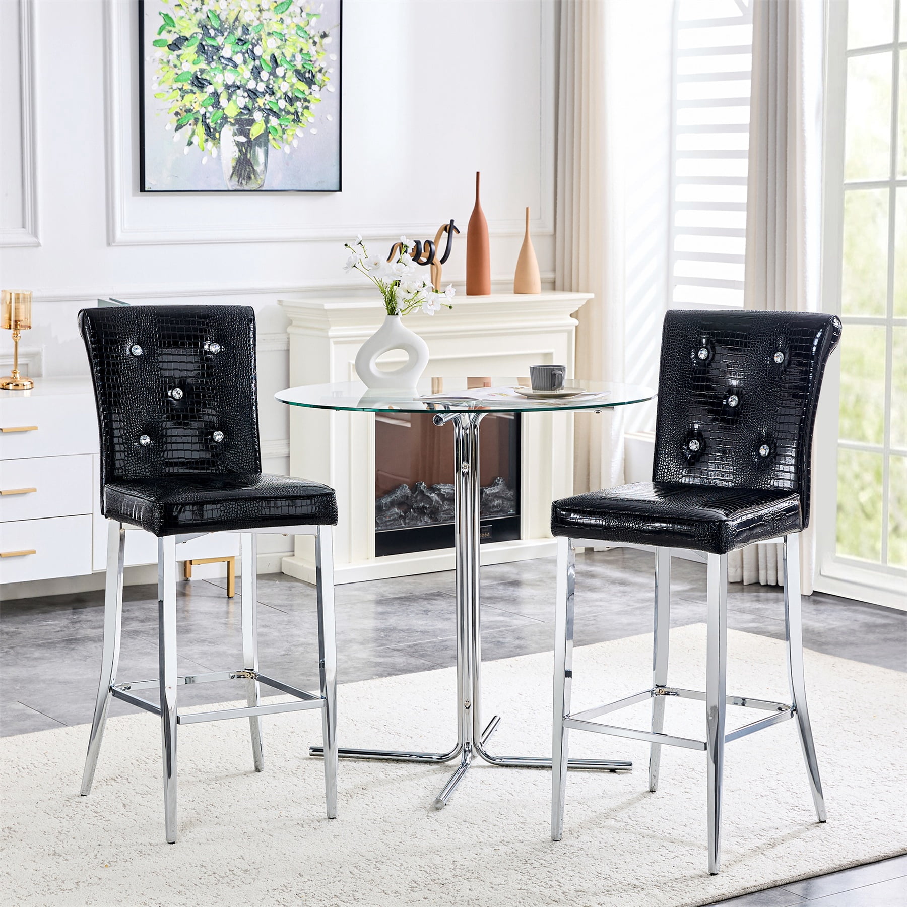 Alvantor Bar Stools Set of 2 Vintage Leather Bar Stools with Crystal Clasp Counter Stool Chairs for Kitchen Island Black