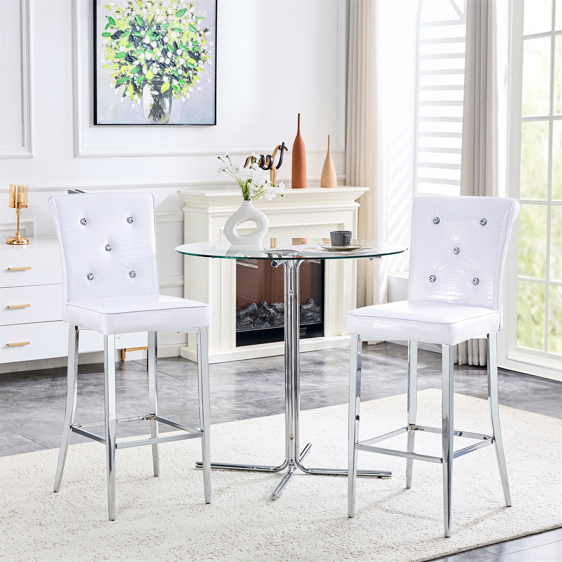 Alvantor Bar Stools Set of 2 Vintage Leather Bar Stools with Crystal Clasp Counter Stool Chairs for Kitchen Island White