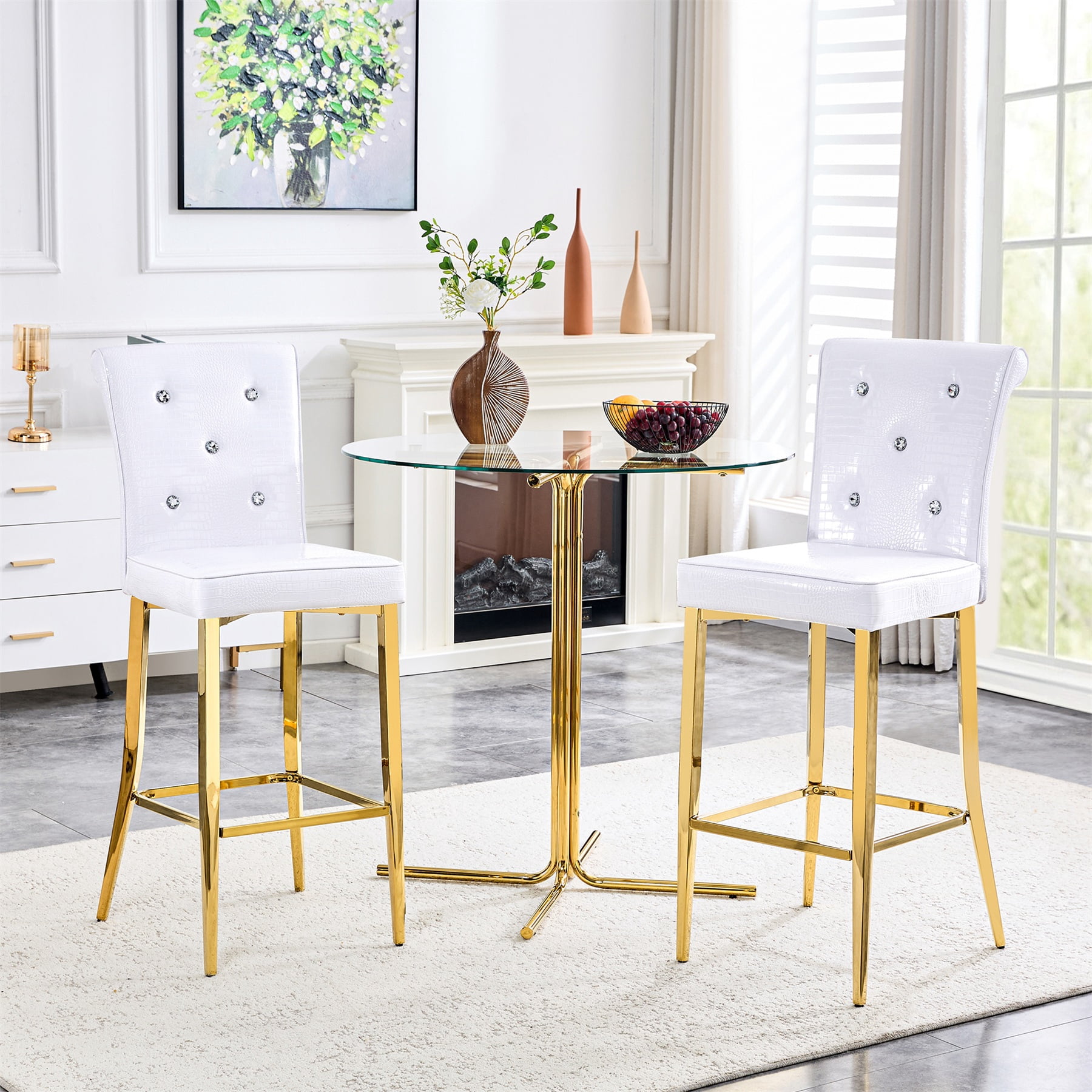 Alvantor Bar Stools Set of 2 Vintage Leather Bar Stools with Crystal Clasp Counter Stool Chairs for Kitchen Island White