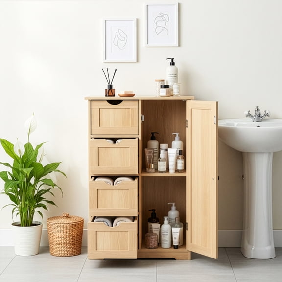 Alvantor Slim Bathroom Storage Cabinet with 4 Drawers and 1 Door, Melamine Finish