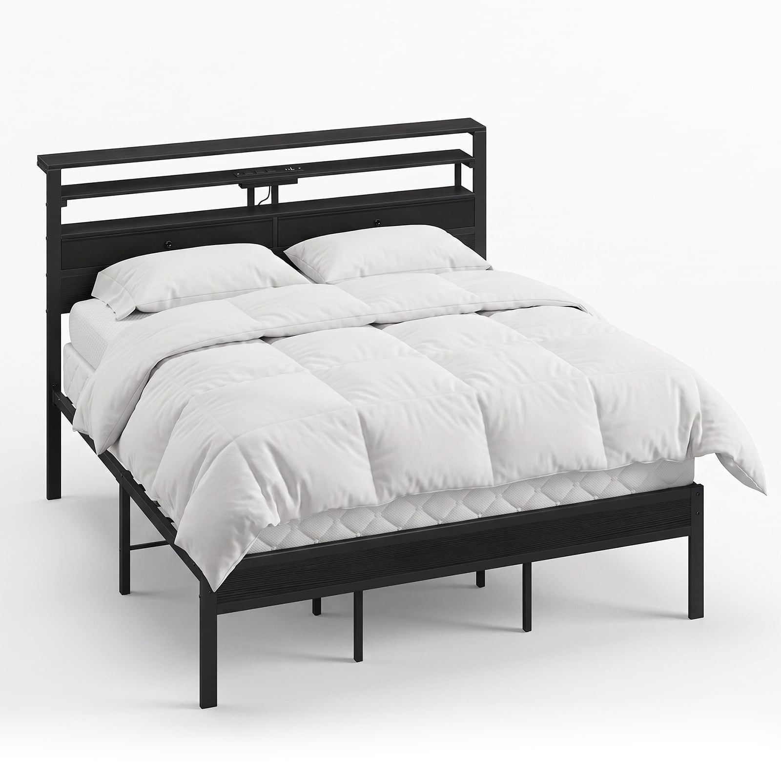 Alvantor Bed Frame with Storage Headboard, Sturdy Metal Platform Bed Frame with LED Lights and Charging Station, Easy Assembly, No Box Spring Needed, Noise Free