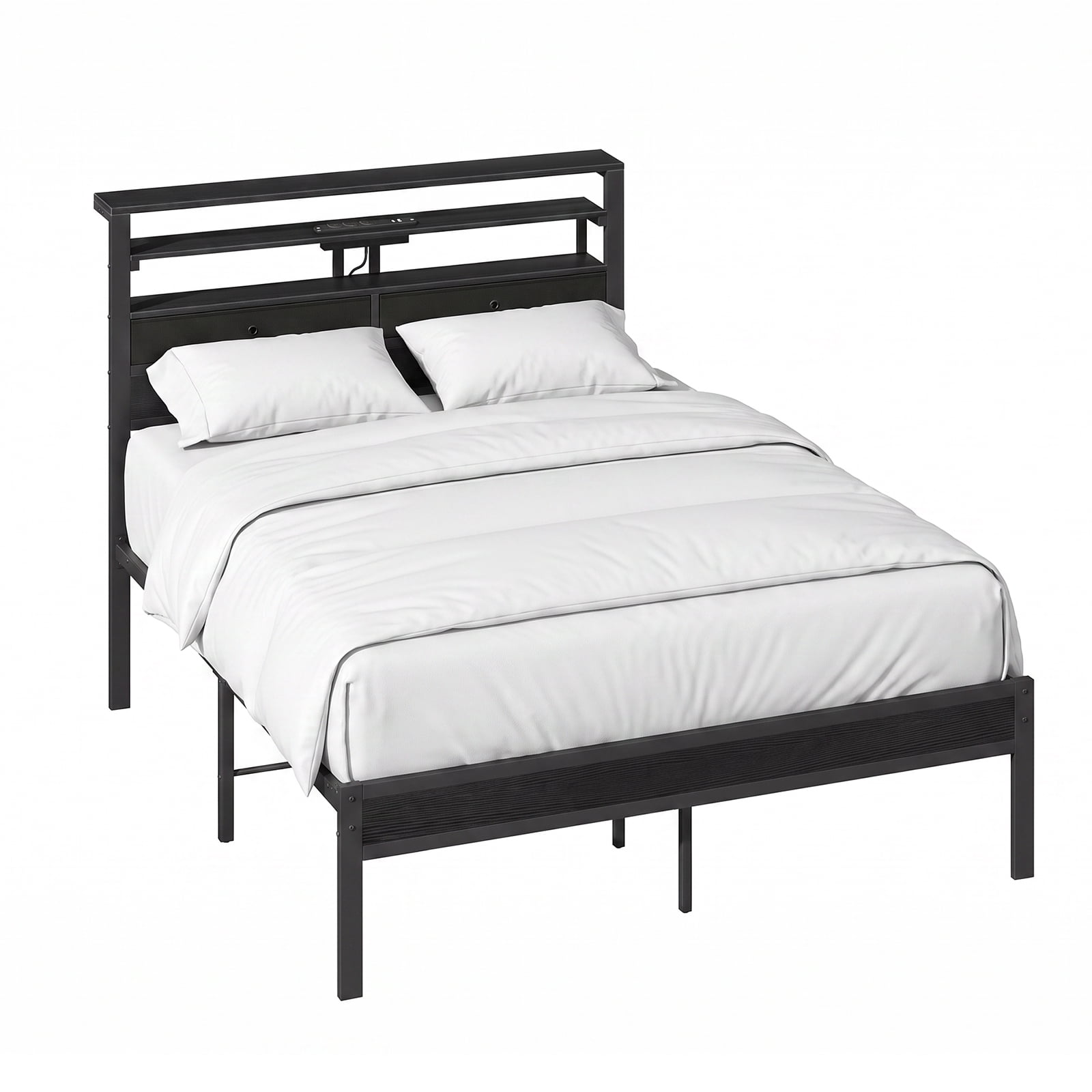 Alvantor Bed Frame with Storage Headboard, Sturdy Metal Platform Bed Frame with LED Lights and Charging Station, Easy Assembly, No Box Spring Needed, Noise Free