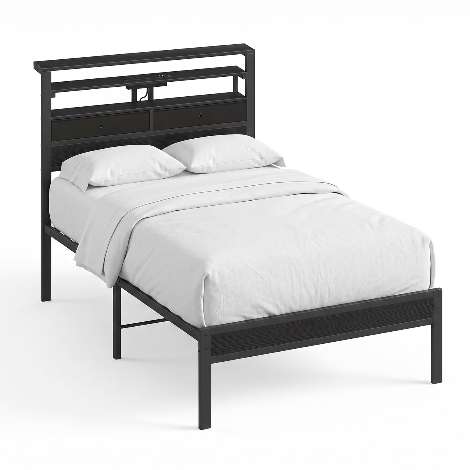 Alvantor Bed Frame with Storage Headboard, Sturdy Metal Platform Bed Frame with LED Lights and Charging Station, Easy Assembly, No Box Spring Needed, Noise Free