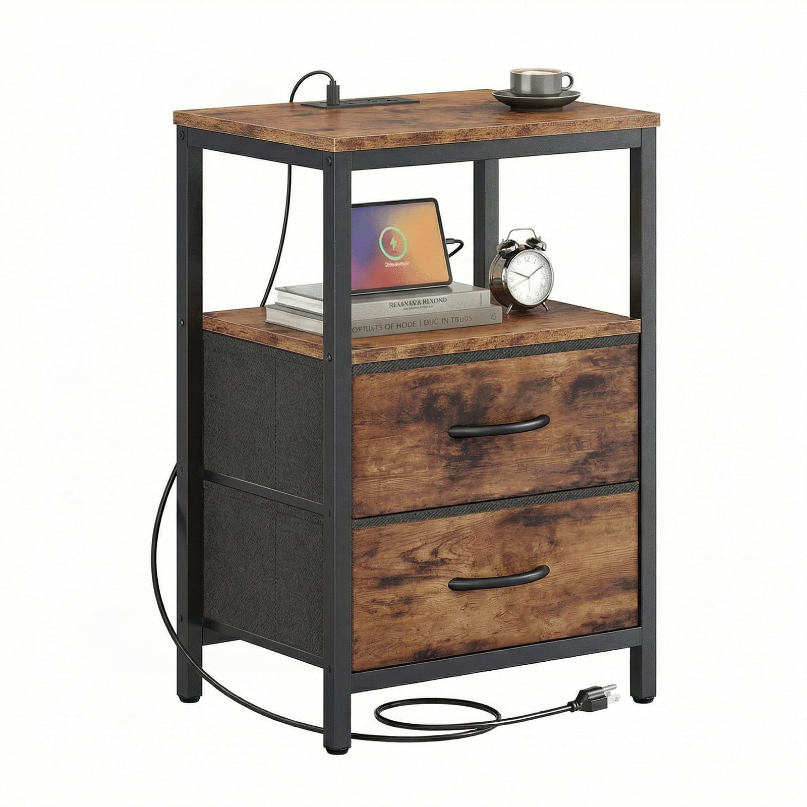 Alvantor Bedside Table Charging Station Nightstand with Fabric Drawers, End Side Table for Bedroom Living Room