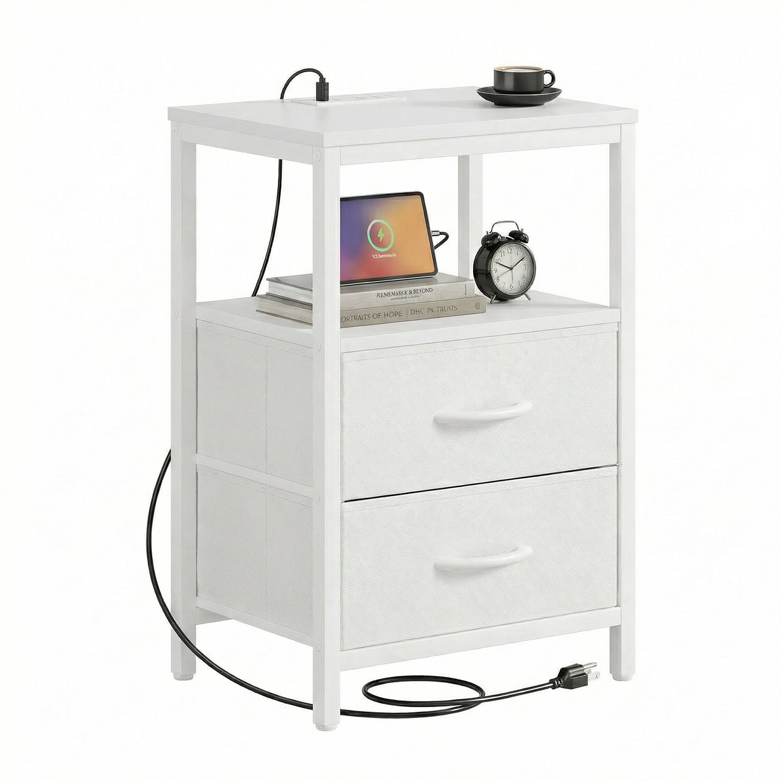 Alvantor Bedside Table Charging Station Nightstand with Fabric Drawers, End Side Table for Bedroom Living Room