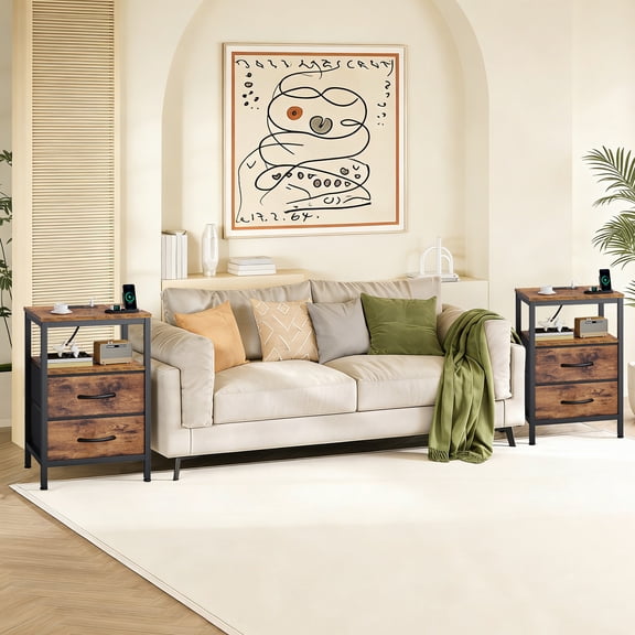 Alvantor Bedside Table Charging Station Nightstand with Fabric Drawers, End Side Table for Bedroom Living Room