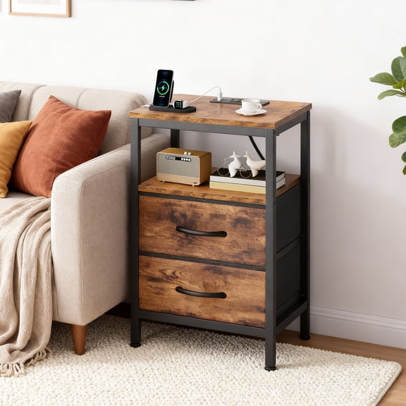 Alvantor Bedside Table Charging Station Nightstand with Fabric Drawers, End Side Table for Bedroom Living Room