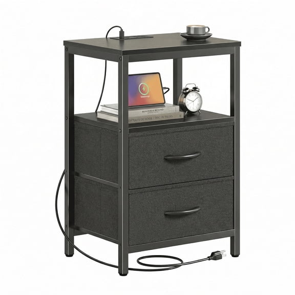 Alvantor Bedside Table Charging Station Nightstand with Fabric Drawers, End Side Table for Bedroom Living Room