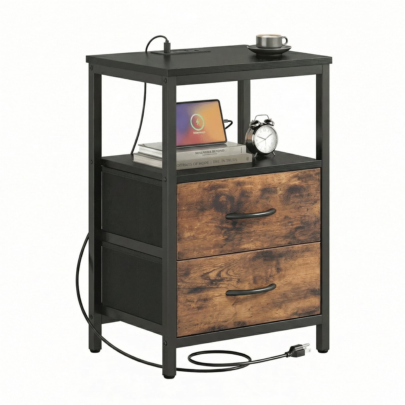 Alvantor Bedside Table Charging Station Nightstand with Fabric Drawers, End Side Table for Bedroom Living Room