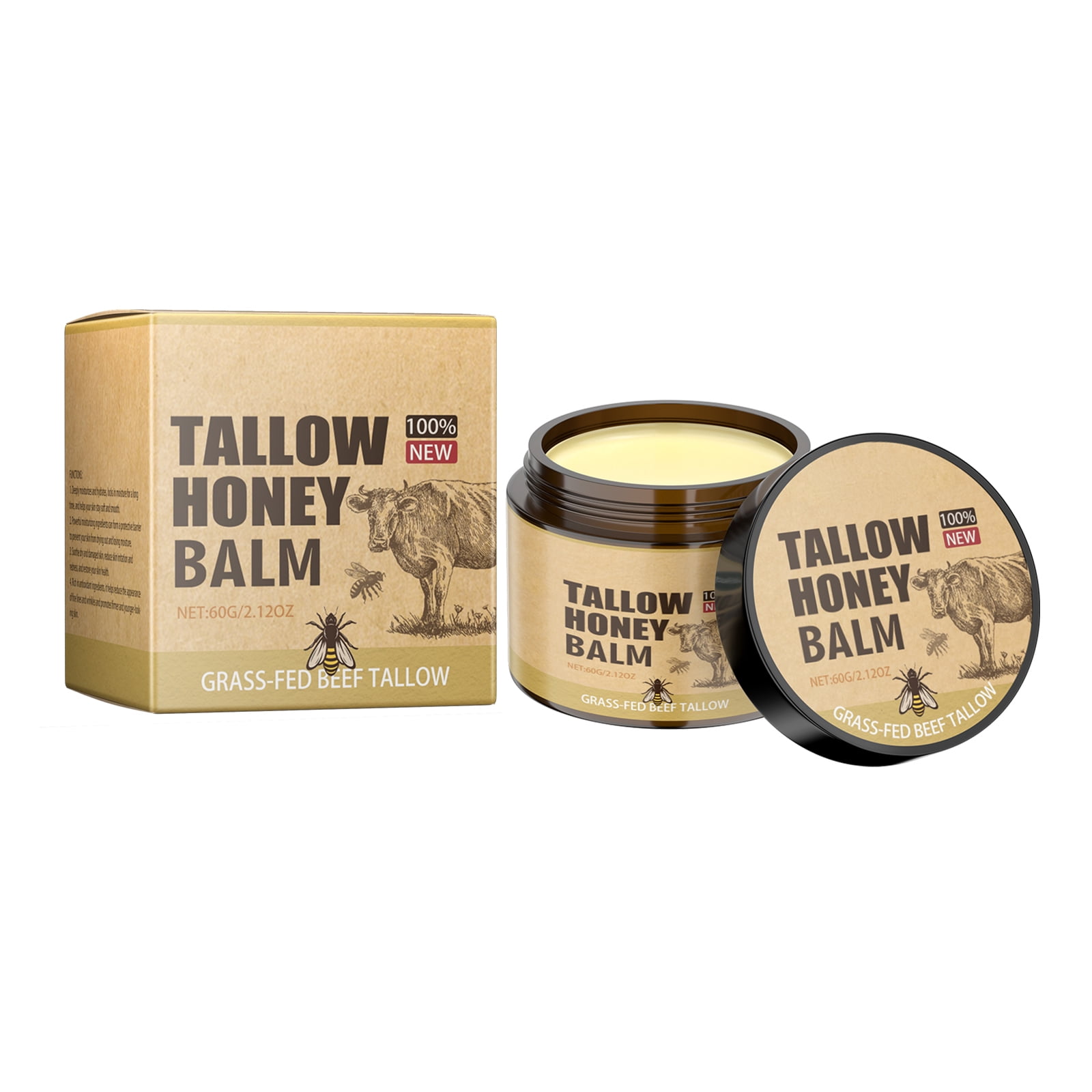 Alvantor Grass-Fed Beef Tallow Honey Balm, Facial Moisturizer Cream for Dry Sensitive Skin, 2.12oz