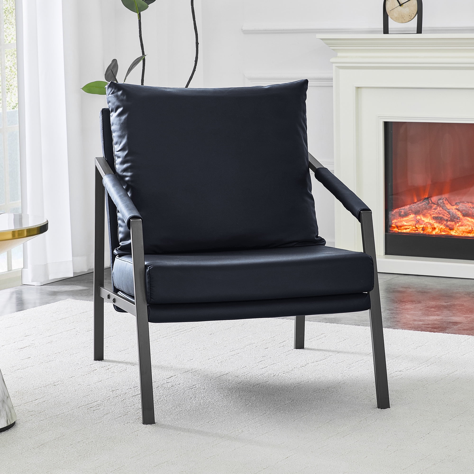 Alvantor Black Faux Leather Accent Chair with Black Metal Frame and Armrests