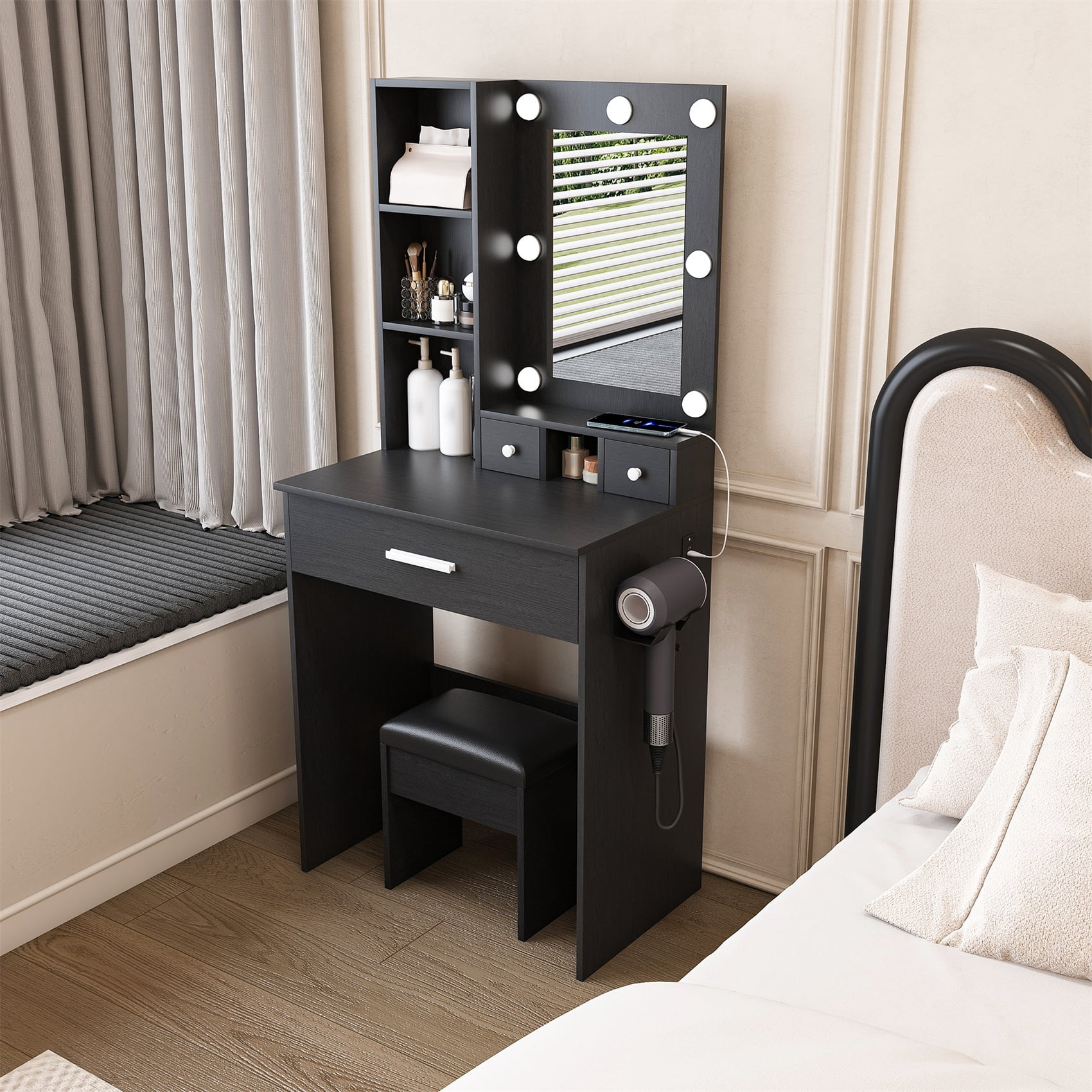 Alvantor Black Makeup Vanity Table Set with Mirror, LED Lighting ...
