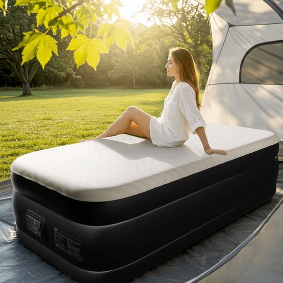 Alvantor Twin Raised Air Mattress with Built-in Pump and Foam Topper, 450 lb Capacity, 18 Inch High, Black