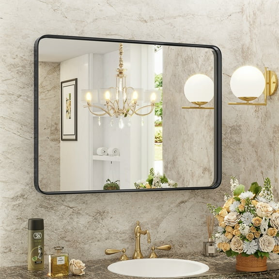 Alvantor Black Wall Mirror Bathroom Mirror with Aluminum Alloy Frame, Shatterproof Tempered Glass for Vanity