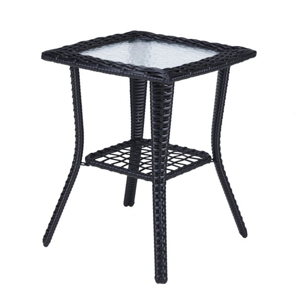 Alvantor Black Wicker Small Side Table 18 x 18x 22.6 in Outdoor Patio End Table with Ripple Tempered Glass Top and Lower Shelf