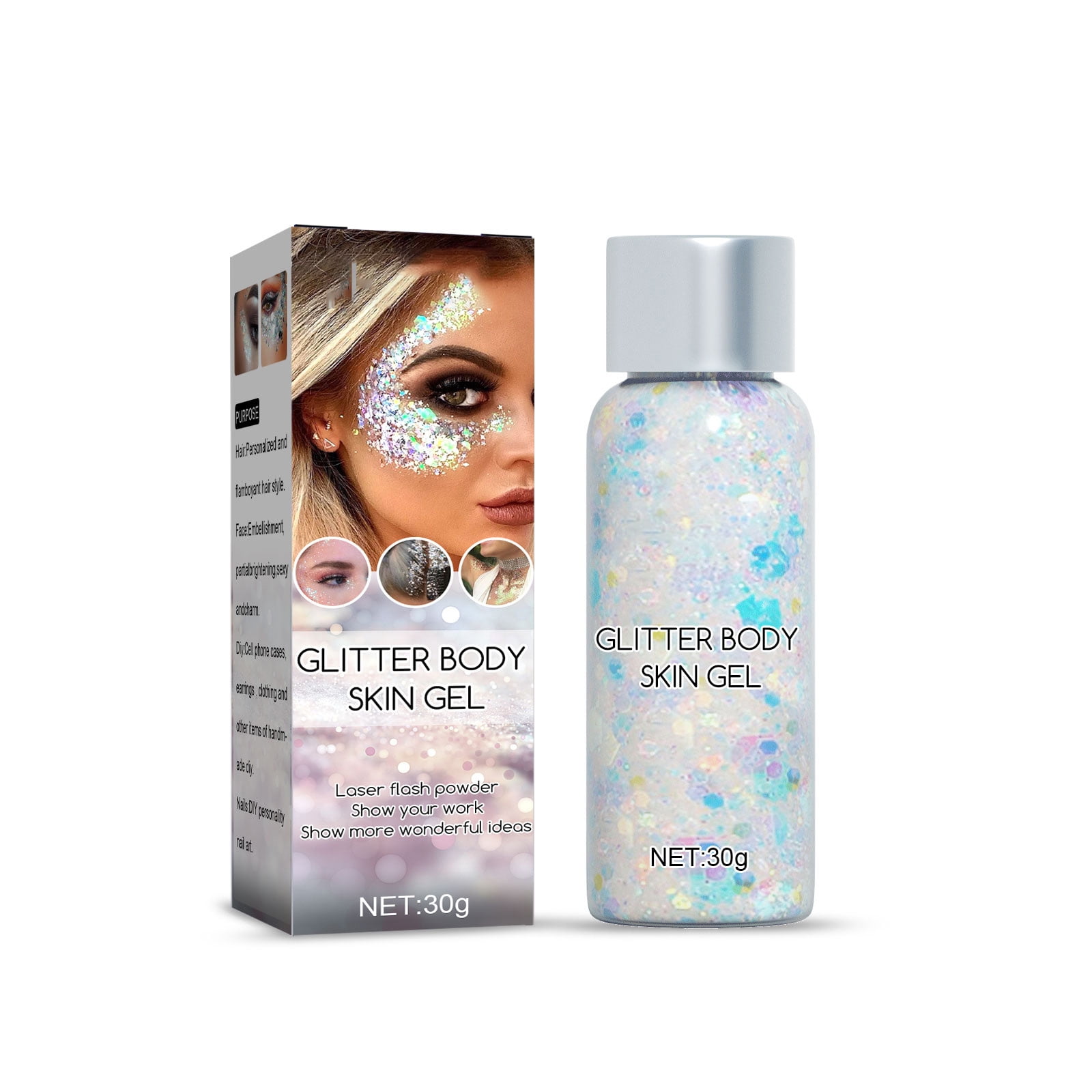 Alvantor Body Glitter Gel Nail Hair Body Face Flash Eyeshadow Glitter, Long Lasting Liquid Glitter Cream, Clear White