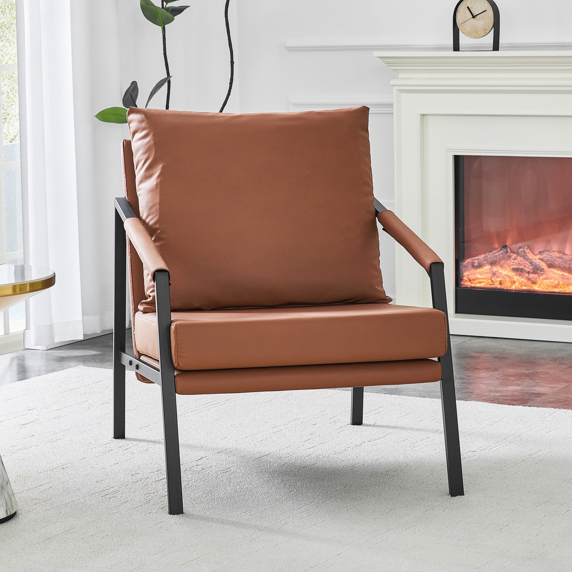 Alvantor Brown Faux Leather Accent Chair with Black Metal Frame and Armrests