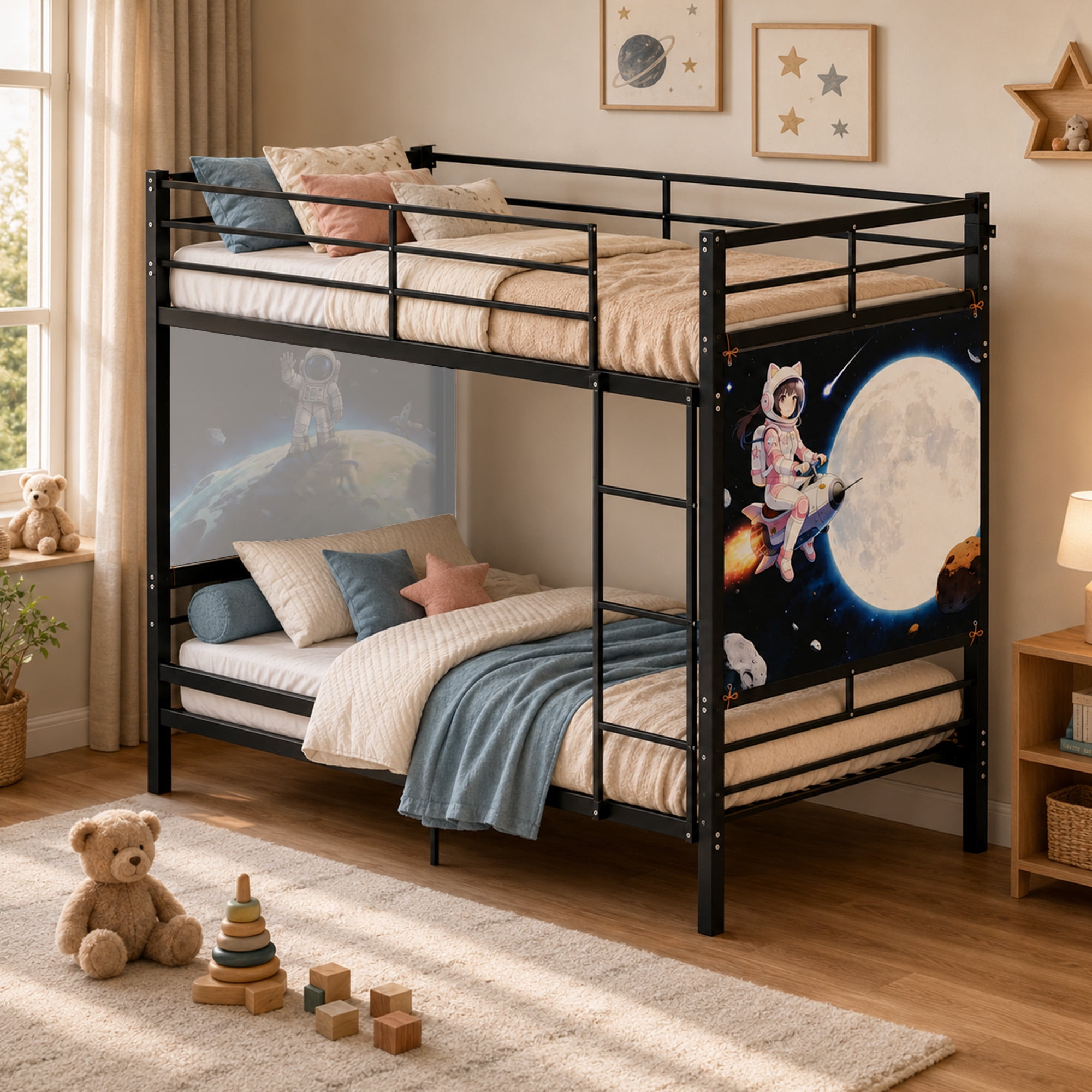 Alvantor Bunk Bed Twin over Twin, Metal Bunk Bed for Kids with Ladder and Wall Painting Black